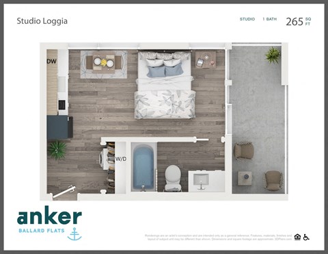 Floor plan for studio, 1 bath, 265 sqft